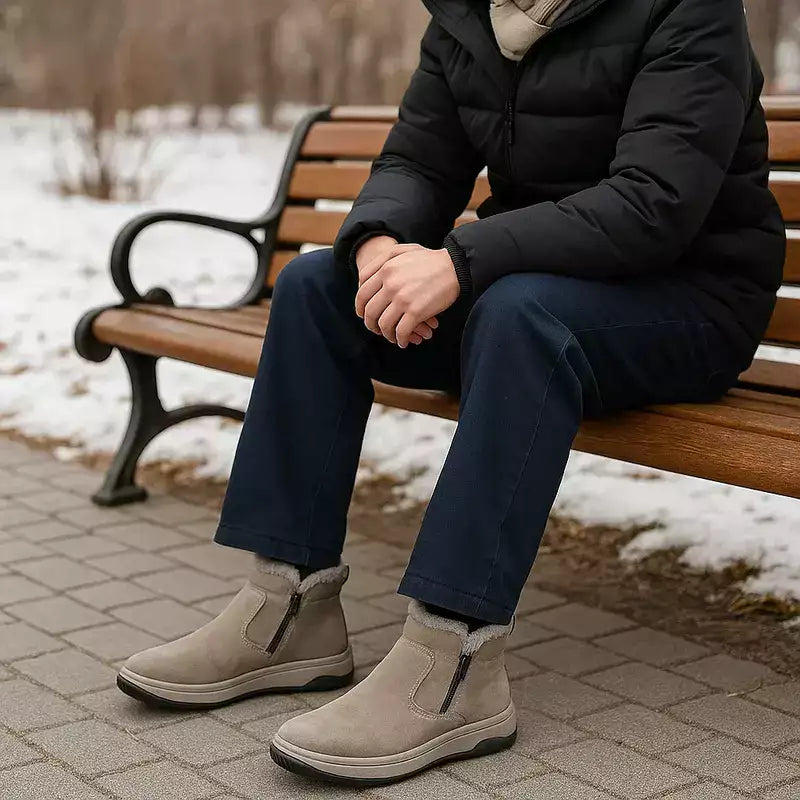 Homme assis sur un banc extérieur en hiver portant la botte fourrée homme