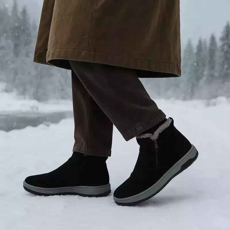 Homme portant la botte fourrée homme marchant dans un décor d'hiver enneigé