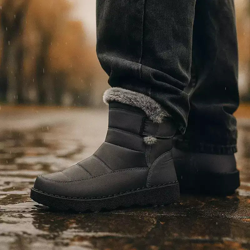 Homme portant les bottes fourrées homme marchant sur un sol pavé humide