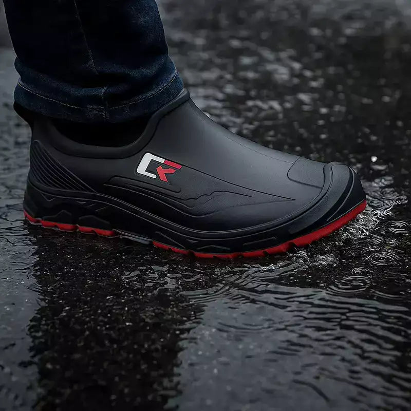 Photo détaillée d'un pied chausse de bottes de pluie homme basses posé sur un sol mouillé avec flaques