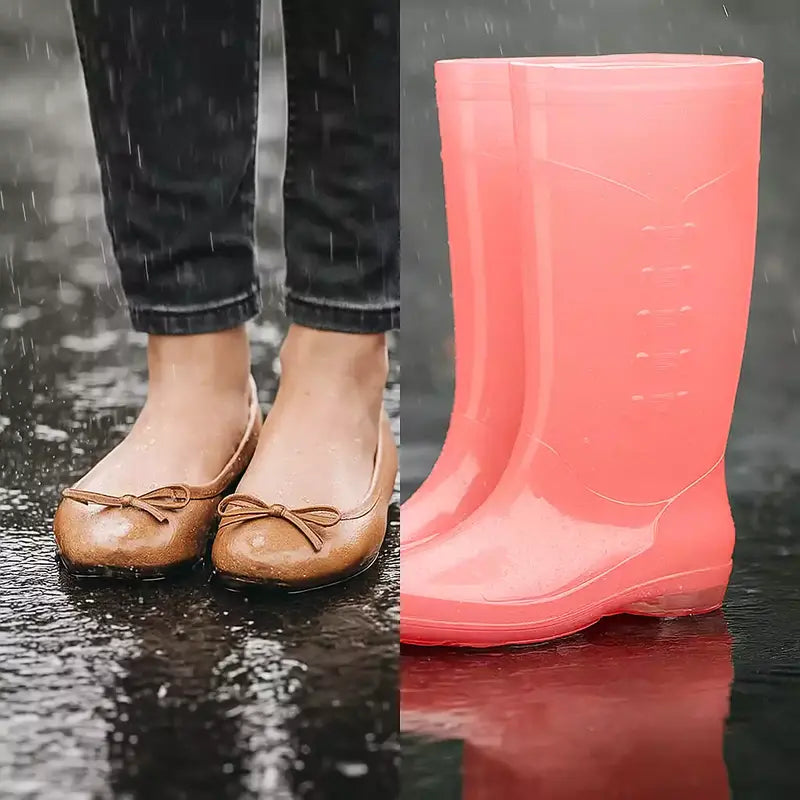 à gauche chaussures classiques trempées sous la pluie à droite bottes de pluie colorées propres et sèches sur un sol mouillé