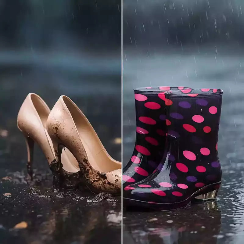 à gauche des escarpins sales couverts de boue sous la pluie à droite des bottes de pluie femme propres et stylées sur un sol mouillé