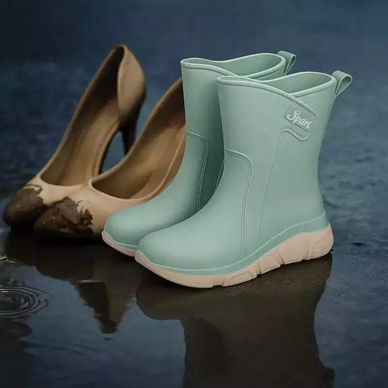 à gauche escarpins sales trempes dans une flaque a droite bottes de pluie femme propres et élégantes posées sur le meme sol mouille