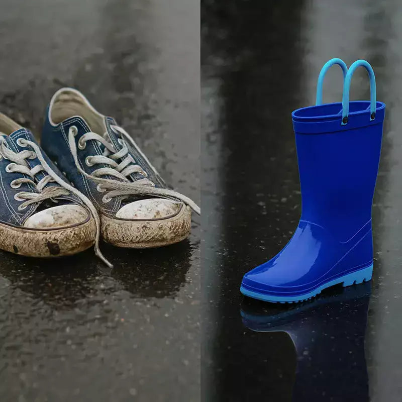 à gauche une paire de baskets mouillées et sales après la pluie à droite des bottes de pluie fille propres et sèches sur le même sol mouillé
