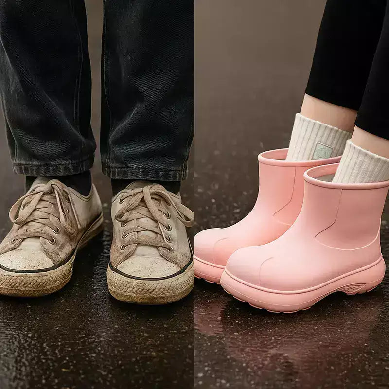 à gauche une paire de chaussures classiques sales et mouillées a droite des bottes de pluie roses propres et stylées sur sol humide