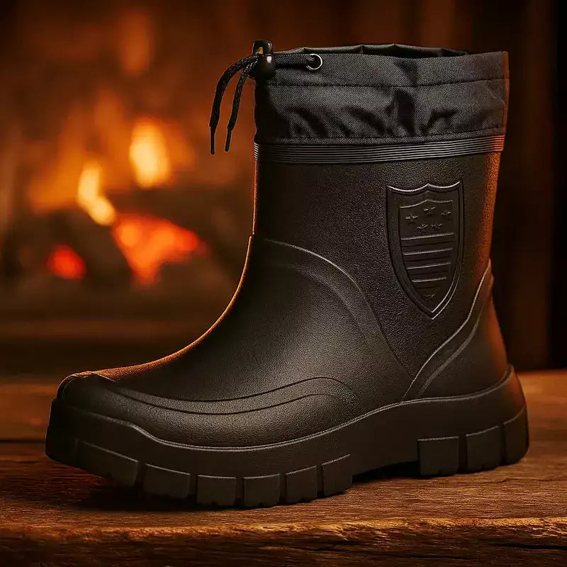 botte de pluie noire homme près d'un feu