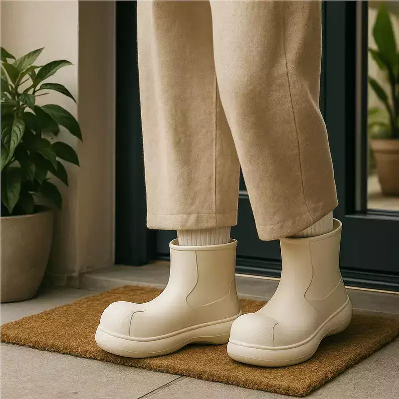 bottes de pluie blanche posées près d'un paillasson propre à l'entree d'une maison