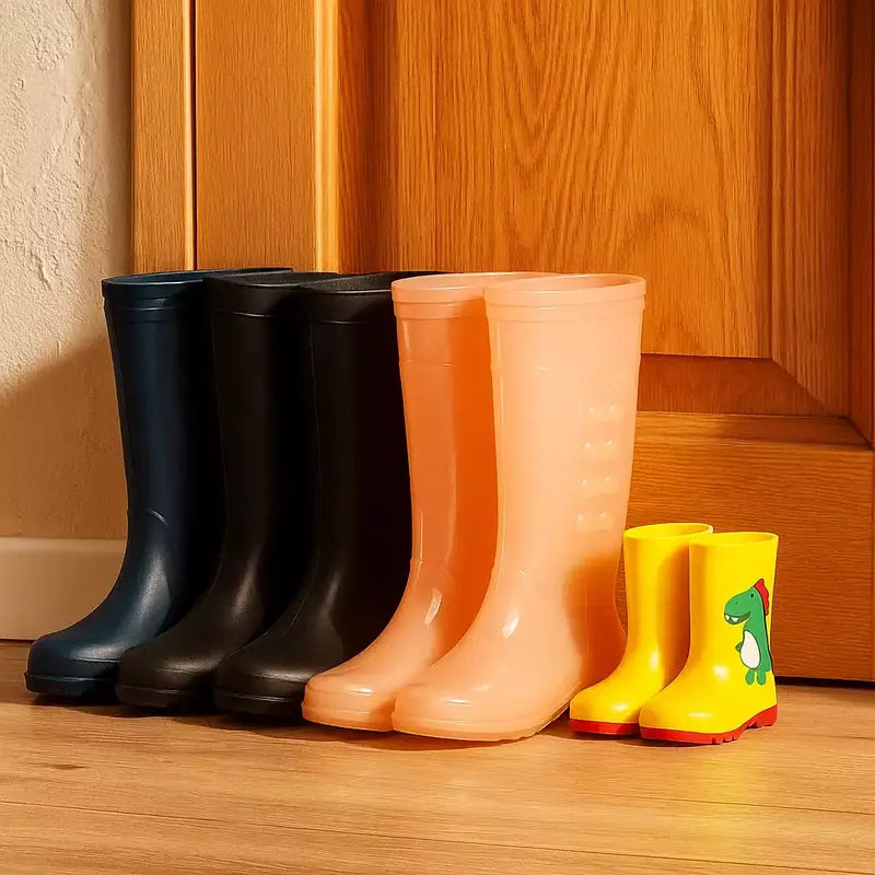 bottes de pluie colorées alignées à côté d'une porte d'entrée avec d'autres modèles