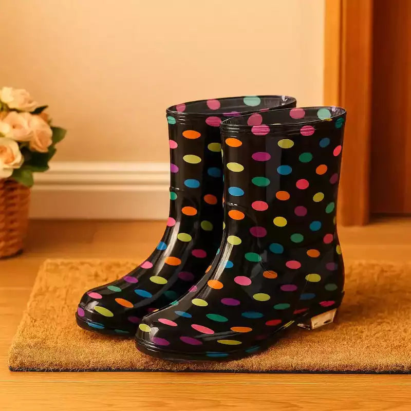 bottes de pluie avec motif posées près d'un paillasson propre dans une entrée chaleureuse sol en bois