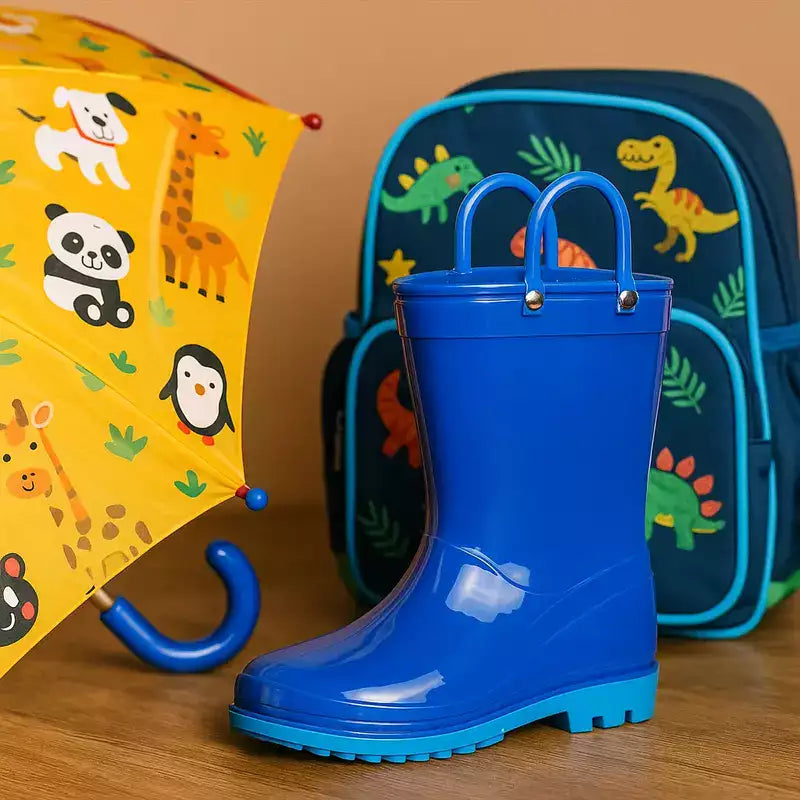 bottes de pluie bleu posées à cote d'un parapluie à motifs d'animaux et d'un cartable scolaire
