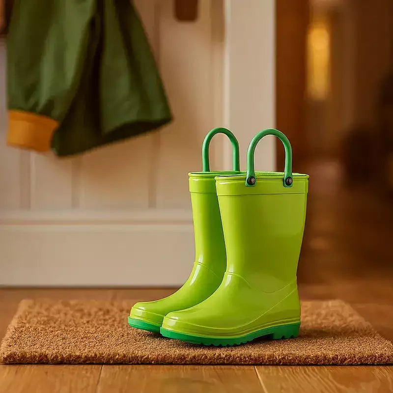 bottes de pluie fille posées sur un paillasson dans une entrée familiale avec manteau enfant accroche au mur