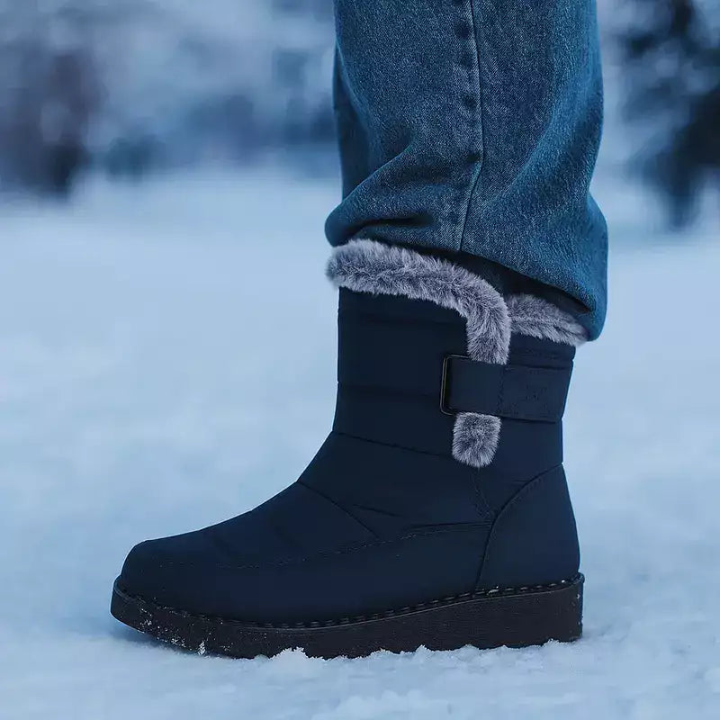 bottes fourrées bleu en extérieur sur un sol enneigé avec un jean large tombant sur la botte