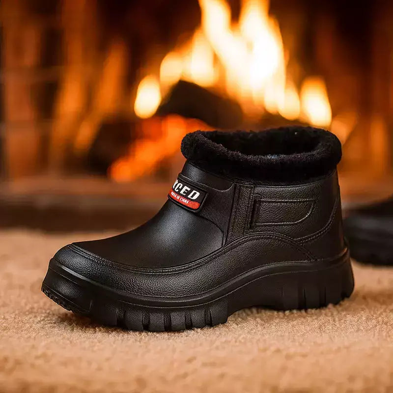 bottes fourrées homme posées à côté d'une cheminée allumée avec tapis doux