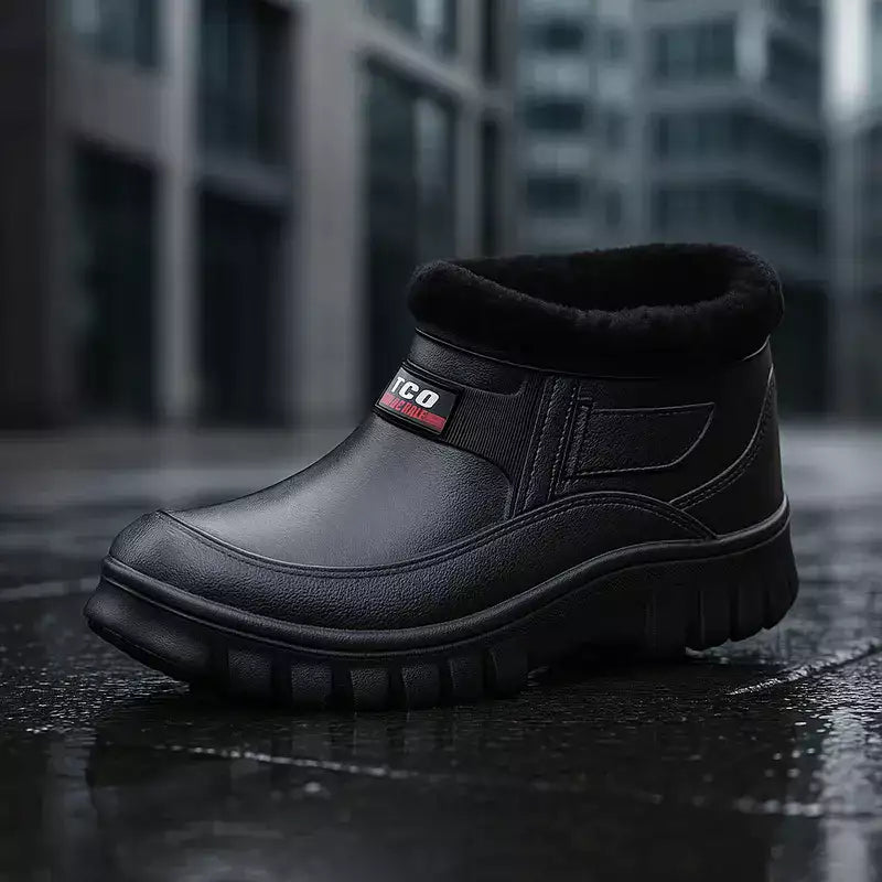 bottes fourrées homme posées sur un trottoir humide avec reflets