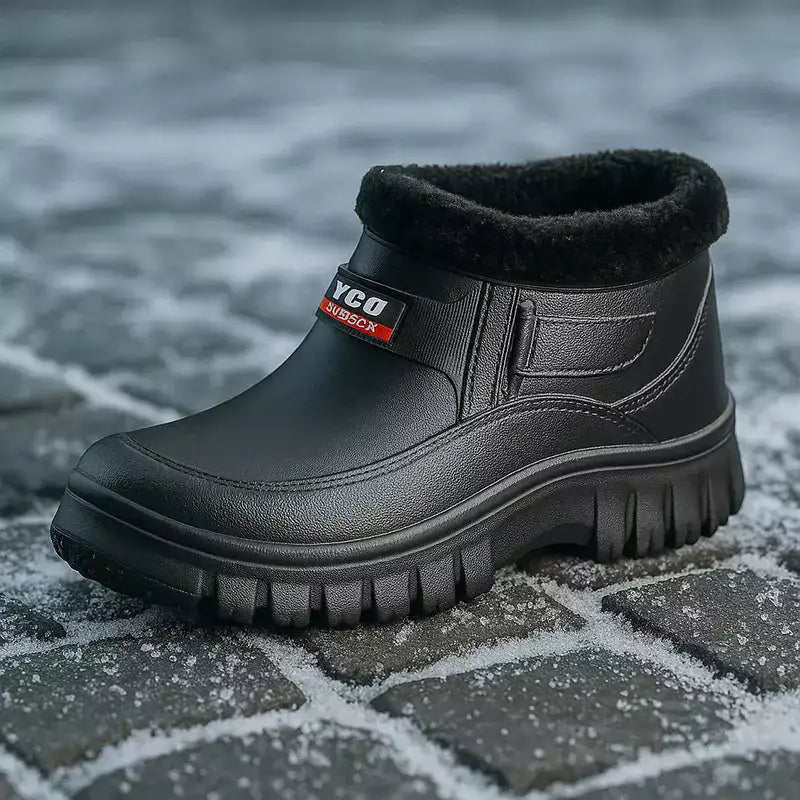 bottes fourrées noires posées sur un sol pavé légèrement enneigé