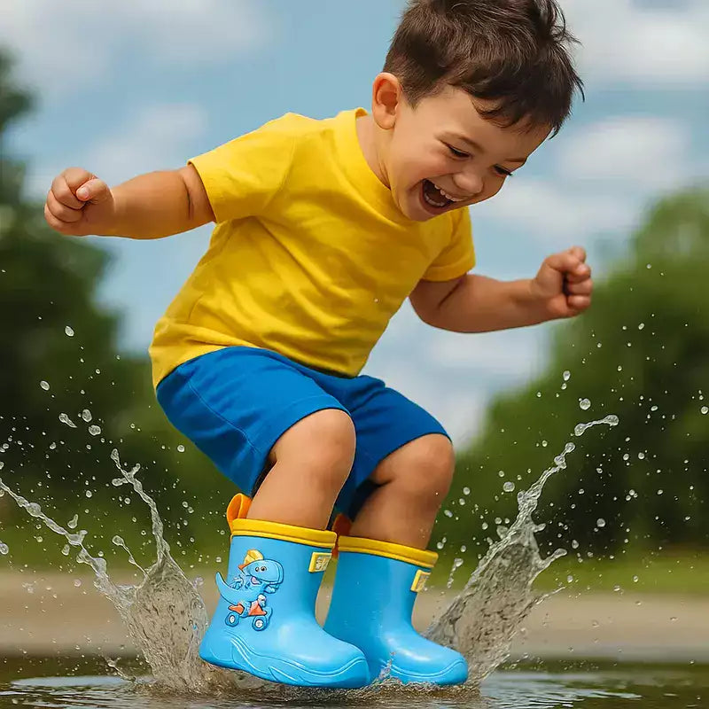 enfant sautant dans une grande flaque d'eau avec ses bottes de pluie