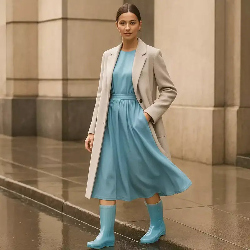 femme élégante portant des bottes de pluie bleu colorées avec une robe 