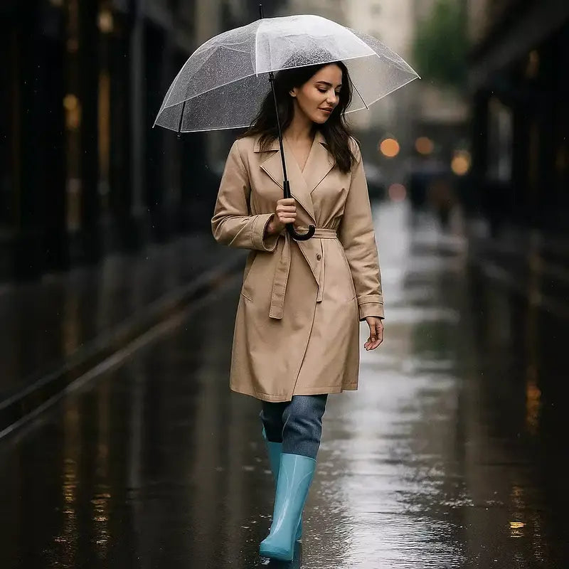 femme moderne en ville sous une pluie légère portant des bottes de pluie colorées avec un trench beige et un parapluie transparent