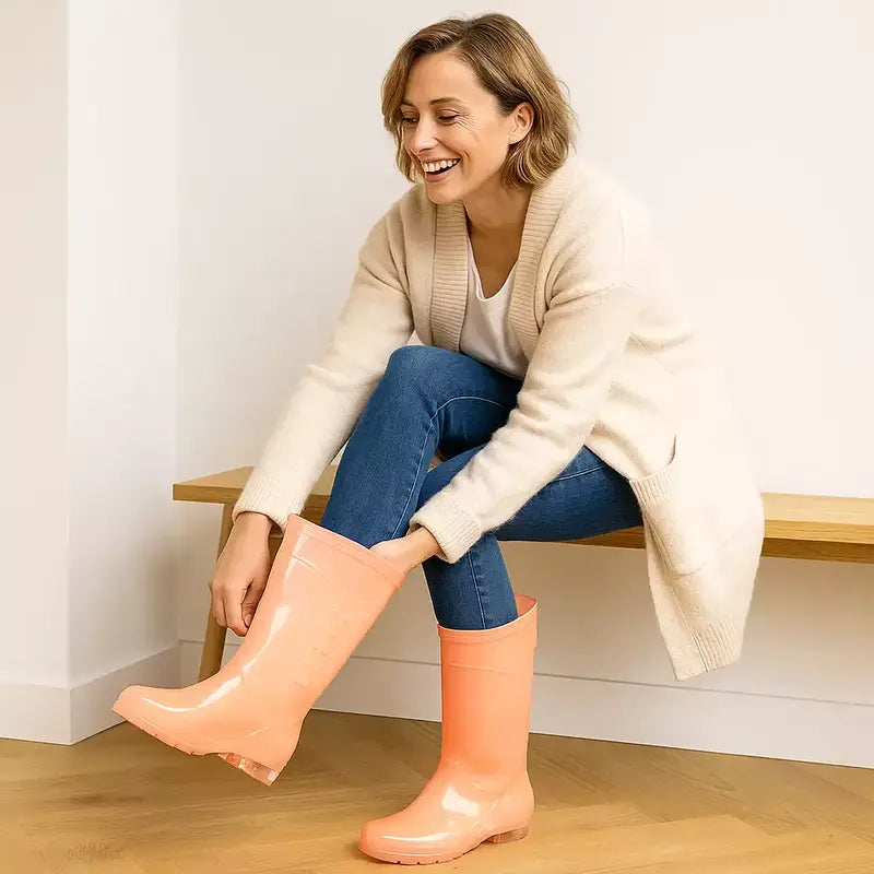 femme souriante dans son entrée en train d'enfiler facilement ses bottes de pluie colorées