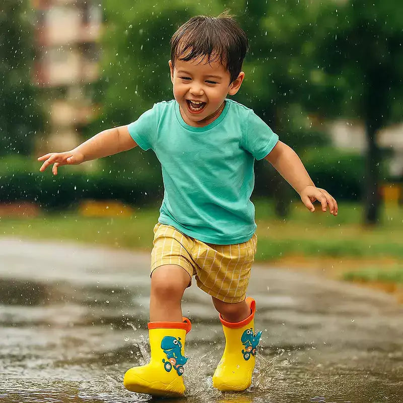 garcon courant joyeusement sous une pluie fine portant les bottes de pluie