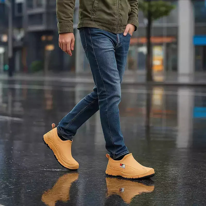 homme actif marchant sur un trottoir mouillé après la pluie portant des bottes de pluie homme basses avec un jean et une veste casual