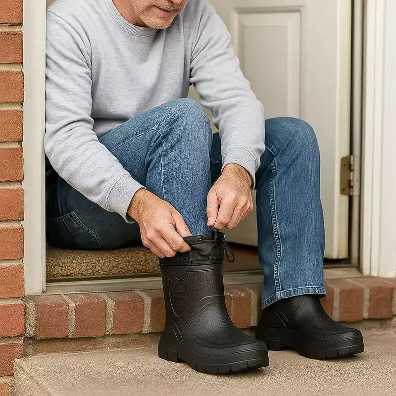 homme assis dans l'entrée de sa maison en train d'enfiler facilement ses bottes de pluie homme