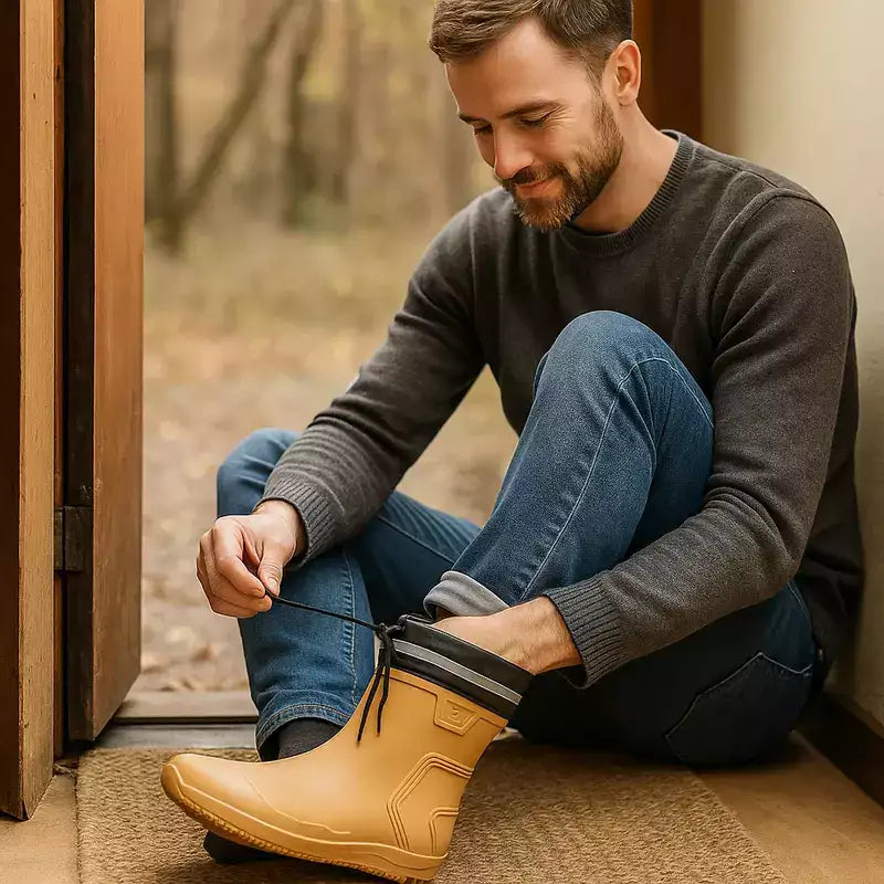 homme assis dans l'entrée de sa maison en train d'enfiler facilement ses bottes de pluie homme
