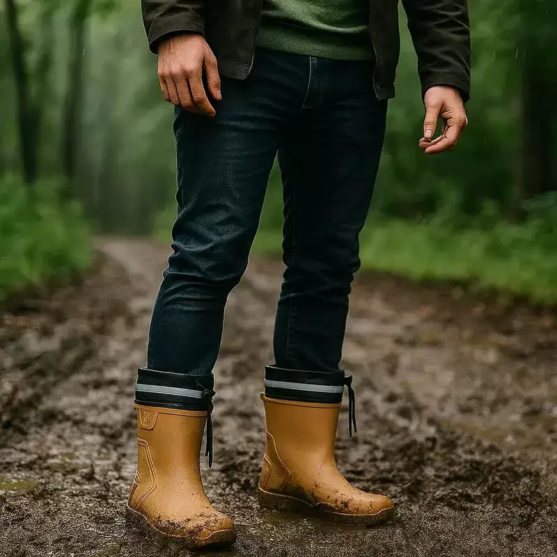 homme debout dans un chemin boueux en foret après une averse portant des bottes de pluie