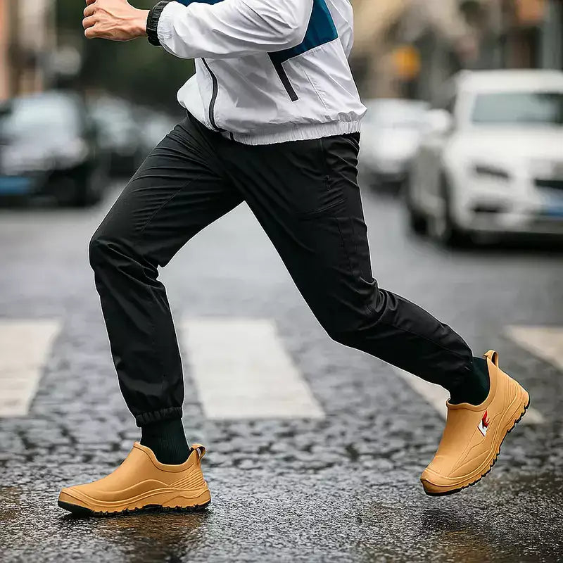 homme dynamique traversant une rue pavée humide avec des bottes de pluie