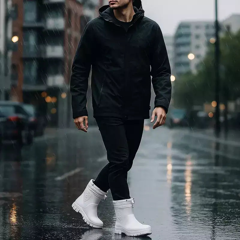 homme moderne marchant en ville sous une pluie fine portant des bottes de pluie blanche avec un manteau fonctionnel