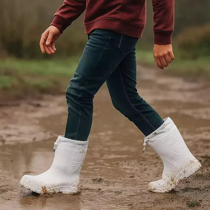 homme portant des bottes de pluie blanche en train de marcher dans un terrain humide
