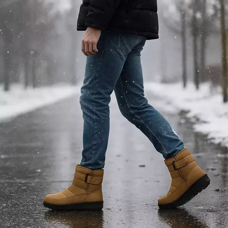 homme portant des bottes fourrées homme marchant sous la pluie