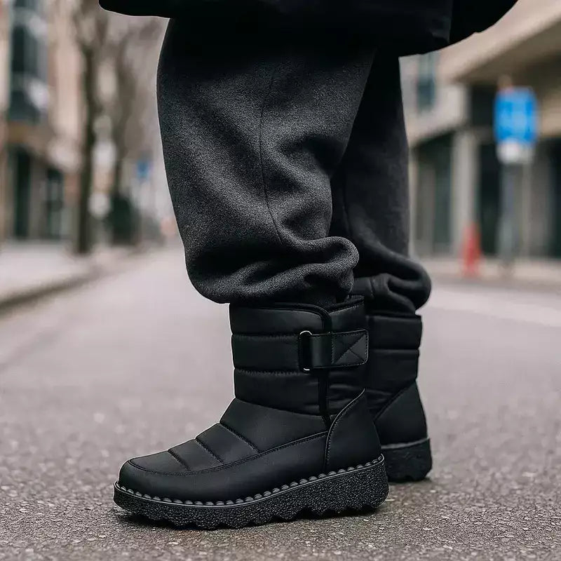 homme portant des bottes fourrées noires en extérieur urbain