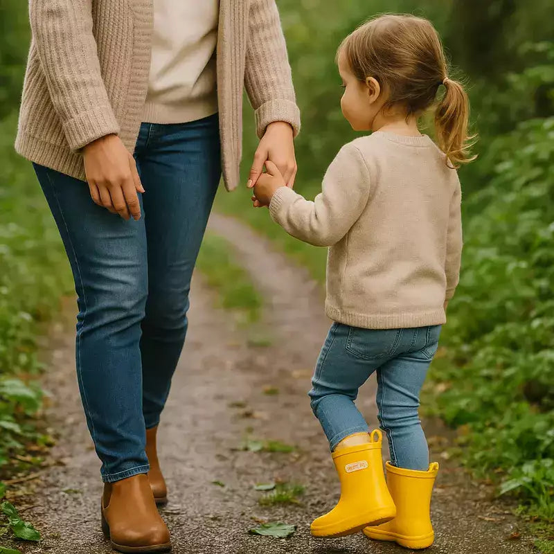 maman tenant la main de sa fille portant des bottes de pluie jaunes