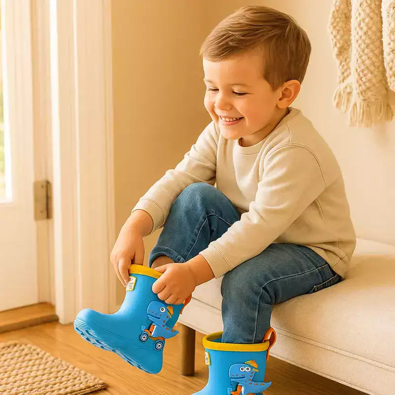 petit garcon assis sur un banc à l'entrée de la maison en train d'enfiler facilement ses bottes de pluie bleu