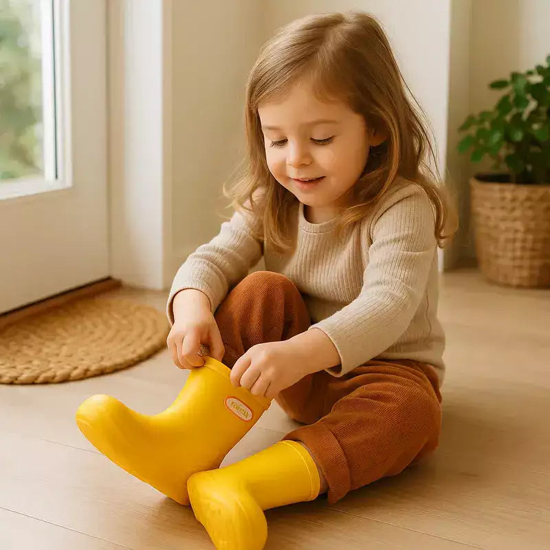 petite fille assise dans une entrée lumineuse mettant seule ses bottes de pluie