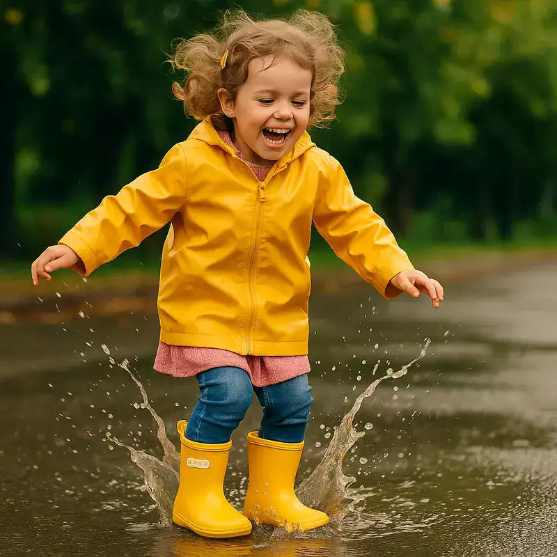 petite fille joyeuse sautant dans une flaque d'eau avec ses bottes de pluie  jaunes