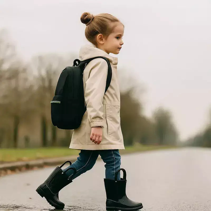 petite fille marchant vers l'école avec ses bottes de pluie et un cartable sur le dos route légèrement mouillée