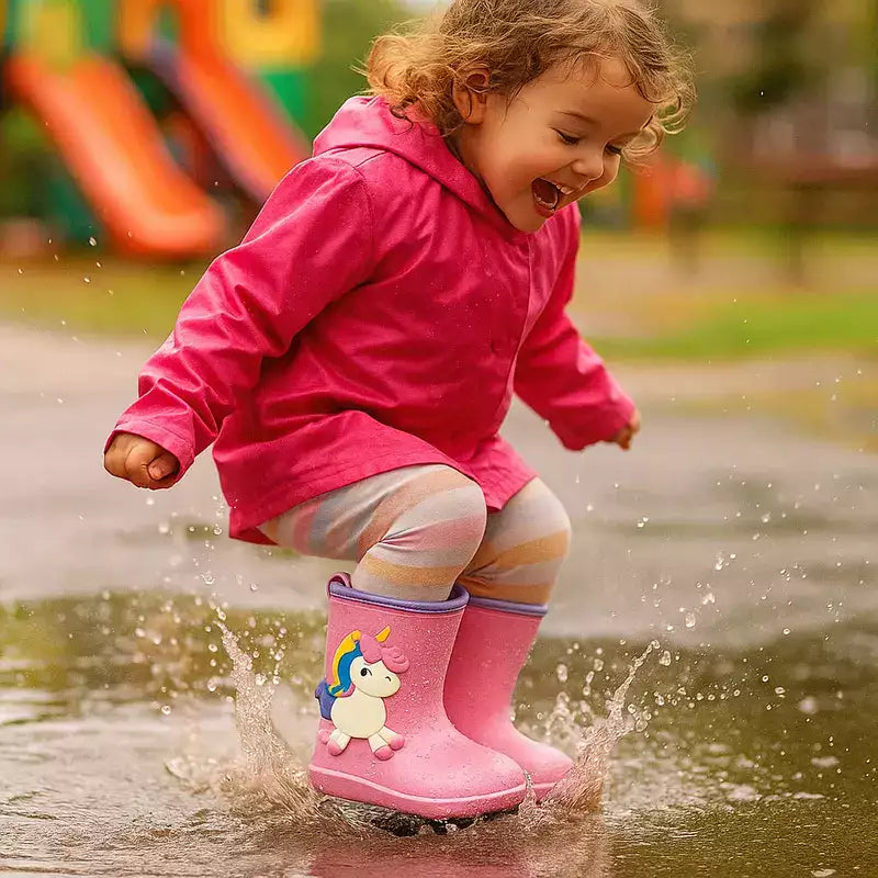 petite fille sautant dans une flaque avec ses bottes de pluie