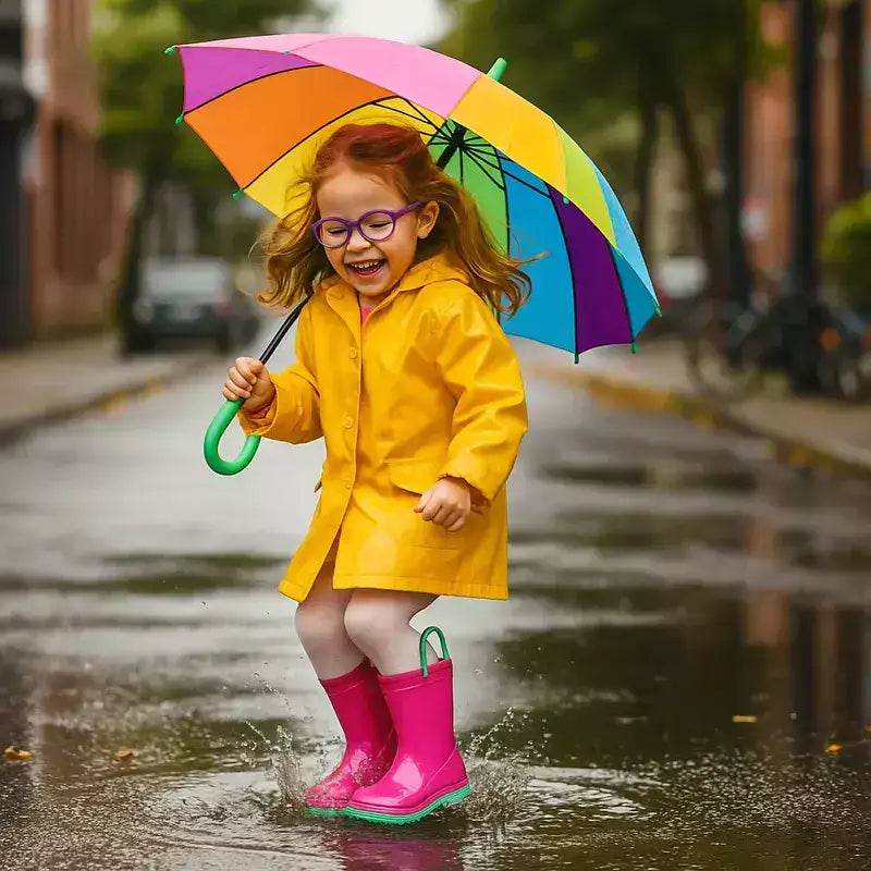 petite fille souriante sautant dans une flaque d'eau avec des bottes de pluie