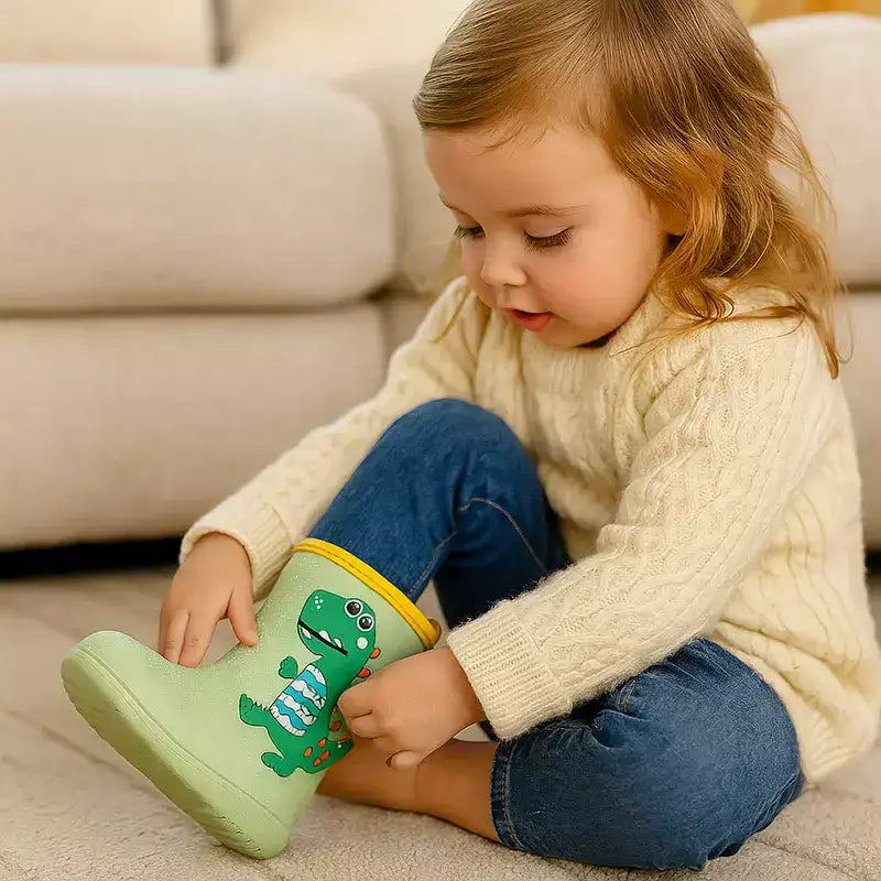 petite fille utilisant les poignées supérieures de ses bottes de pluie pour  s'enfiler toute seule