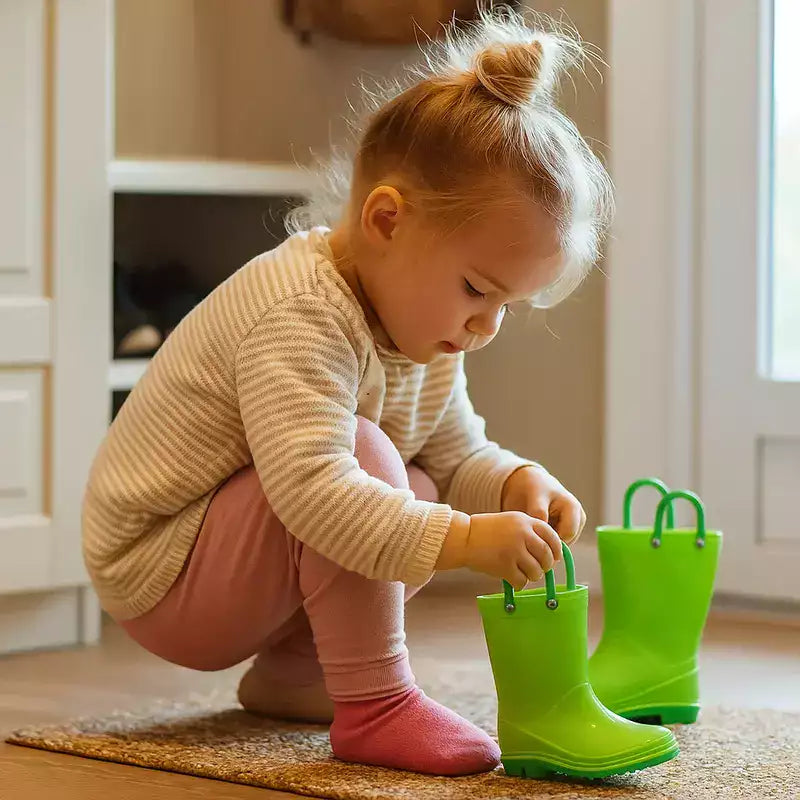 Une petite fille dans l'entrée de la maison s'accroupissant pour enfiler toute seule ses bottes de pluie